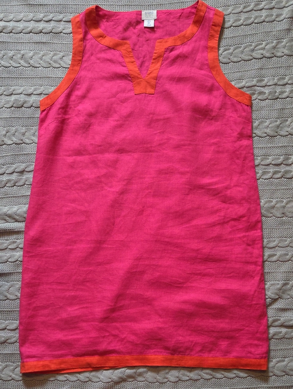 Sigrid Olsen Hot Pink Linen Dress with Orange Trim Womens L Shift 60s Mod Hippie